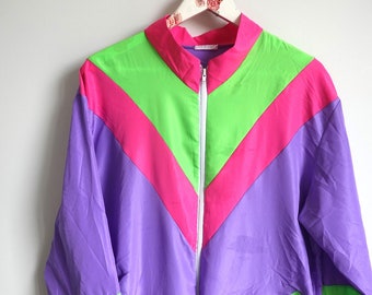 Vintage-Windbreaker-Shell-Jacke / Sportbekleidung / Running Run Gear Outwear L / XL Activewear / Trainingsanzug / Sweatshirt Parachute Pink Top Neon