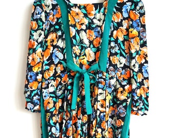 Vintage 90s Summer Dress / Dresses Sarafan / Handmade / Floral / Flowers / Long sleeves / Small S / Turquoise / Orange / Sun / Spring