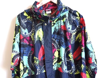 Vintage Crazy Pattern Raincoat: 90s Windbreaker Jacket, Size L
