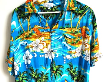 Vintage Hawaiian Men&#39;s Shirt / Medium M / Vacation / Hawaii / Shirts 90s / Hippie / Palms / Sunset / Flowers / Short sleeve / Beach Blue