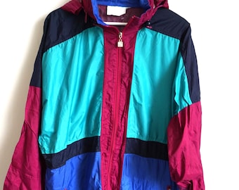 Vintage Raincoat / Rain coat / Windbreaker Outwear / Activewear / Jacket / Tracksuit / Track Top / Red Shell Hood / L / Large Parka Blue