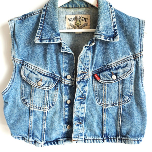 Vintage 90s Denim Vest / Jean / S Small / XS / 90's / Jacket / Buttons Up / Grunge / Light blue / Boho / Top / Crop / Cropped