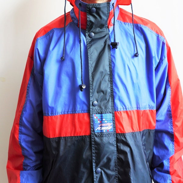 Vintage Regenjacke / Regenmantel / Windbreaker Outwear / Sportbekleidung / Jacke / Trainingsanzug / Top / Rote Shell Kapuze / L / Großer Parka Blau