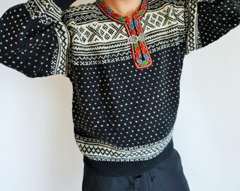 Vintage Norweger Pulli von BOUVIAC Norwegen skandinavischen Folk Pullover Nordic Muster große Größe L Vintage Norweger Pulli von BOUVIAC Norwegen skandinavischen Folk Pullover Nordic Muster große Größe L