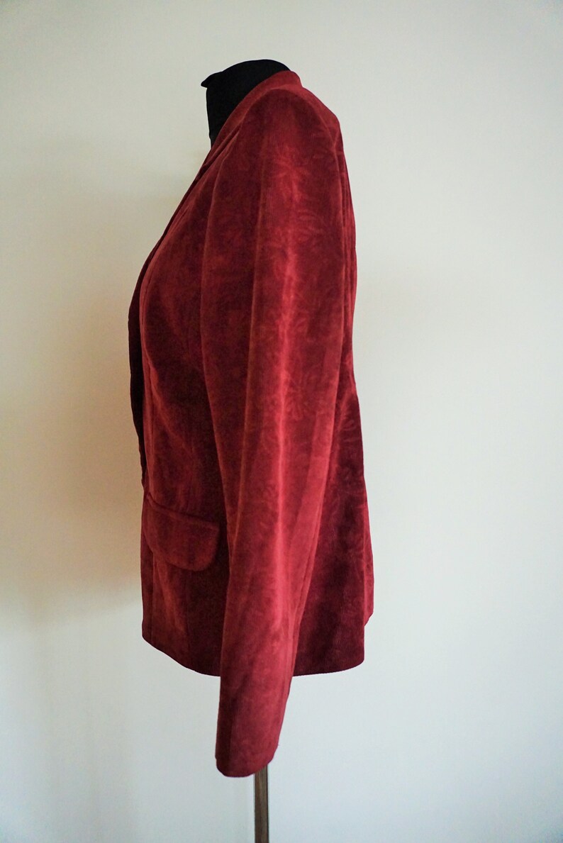 Vintage Womens Velvet Blazer Jacket Coat Outwear Maroon Red Burgundy Smoking Jacket Large L Padded shoulders