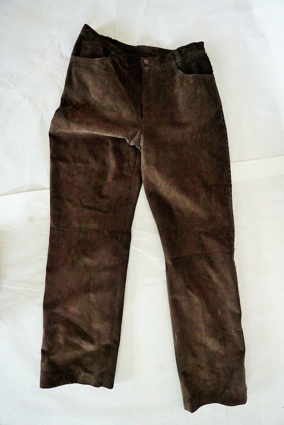 Vintage Womens Leather Pants High waist Brown Beige Trousers Boho Large L 40 Suede Rocker High Waisted
