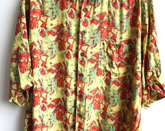 Vintage Men's Hawaiian Shirt / Hipster / Tropical / 43 / 44 / XL Hippie / Large / L / vacation / holidays / surfing Hawaii / Yellow Red