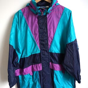 Vintage Blau Lila Regenmantel: Windbreaker Kapuze - Size M