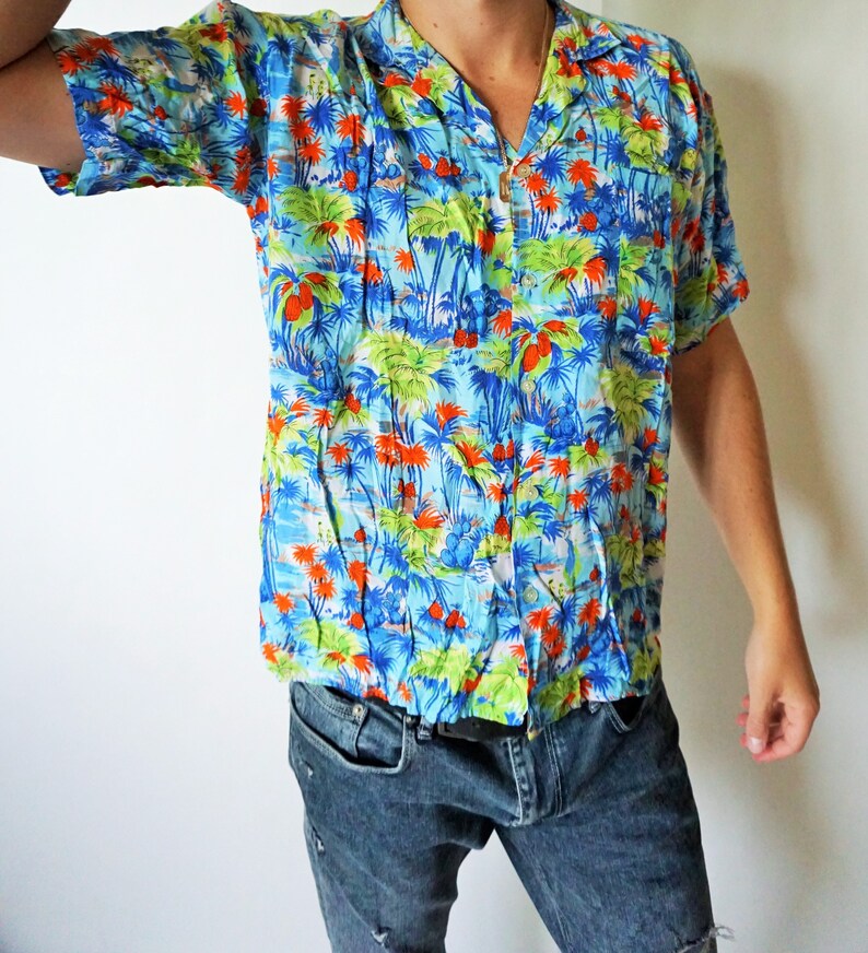 Vintage Hawaiian Mens Shirt Small S Vacation Hawaiian Shirts 90s Hippie Palms Sunset Flowers Short sleeve Hipster Boho