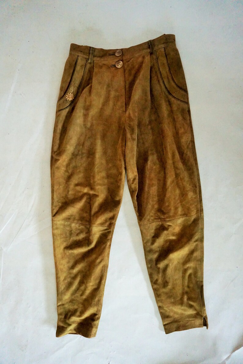 Vintage Womens Leather Pants High waist Brown Beige Trousers Boho Large L 40 Suede Rocker High Waisted