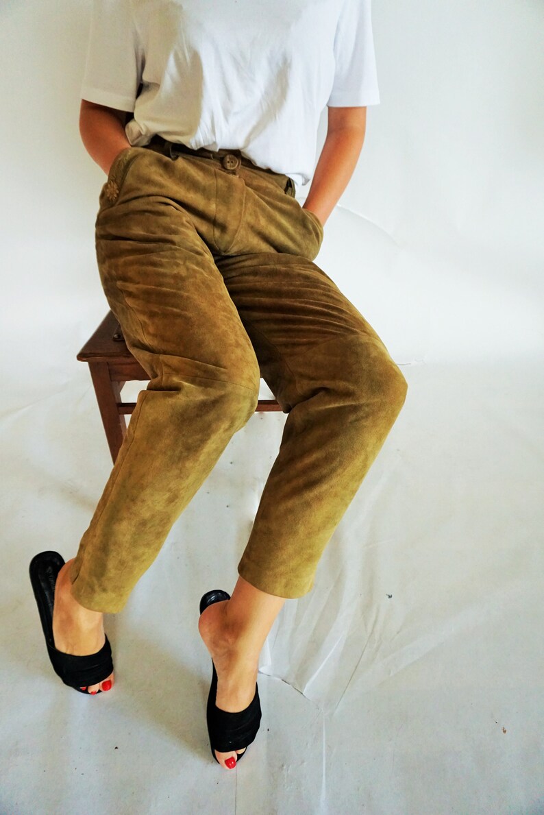 Vintage Womens Leather Pants High waist Brown Beige Trousers Boho Large L 40 Suede Rocker High Waisted