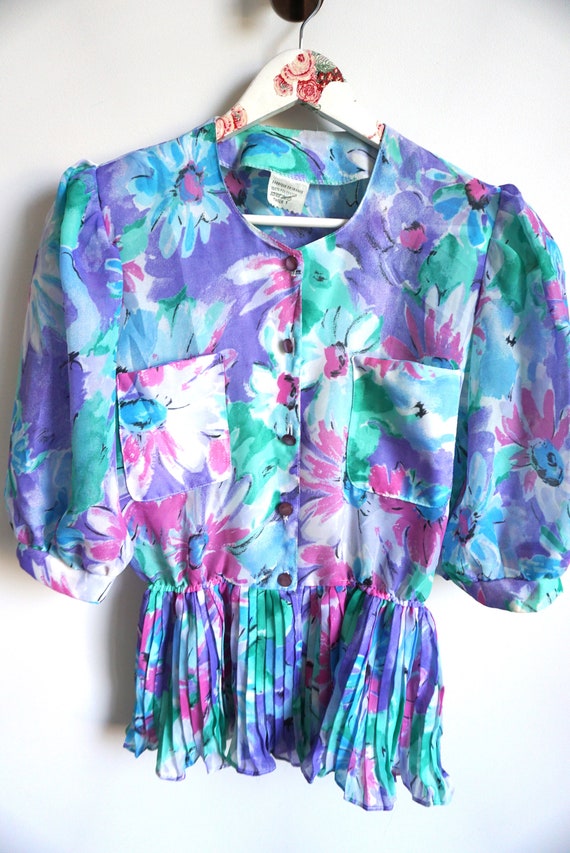 Vintage 90s Blusa de Mujer Top Blusas Floral Flores M Mediana Camisas Camisas Coloridas Primavera Verano Azul Claro Volantes Etsy Espana