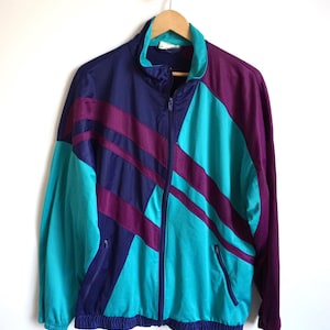 Giacca sportiva vintage anni '90 color block – Viola, verde acqua, con cerniera