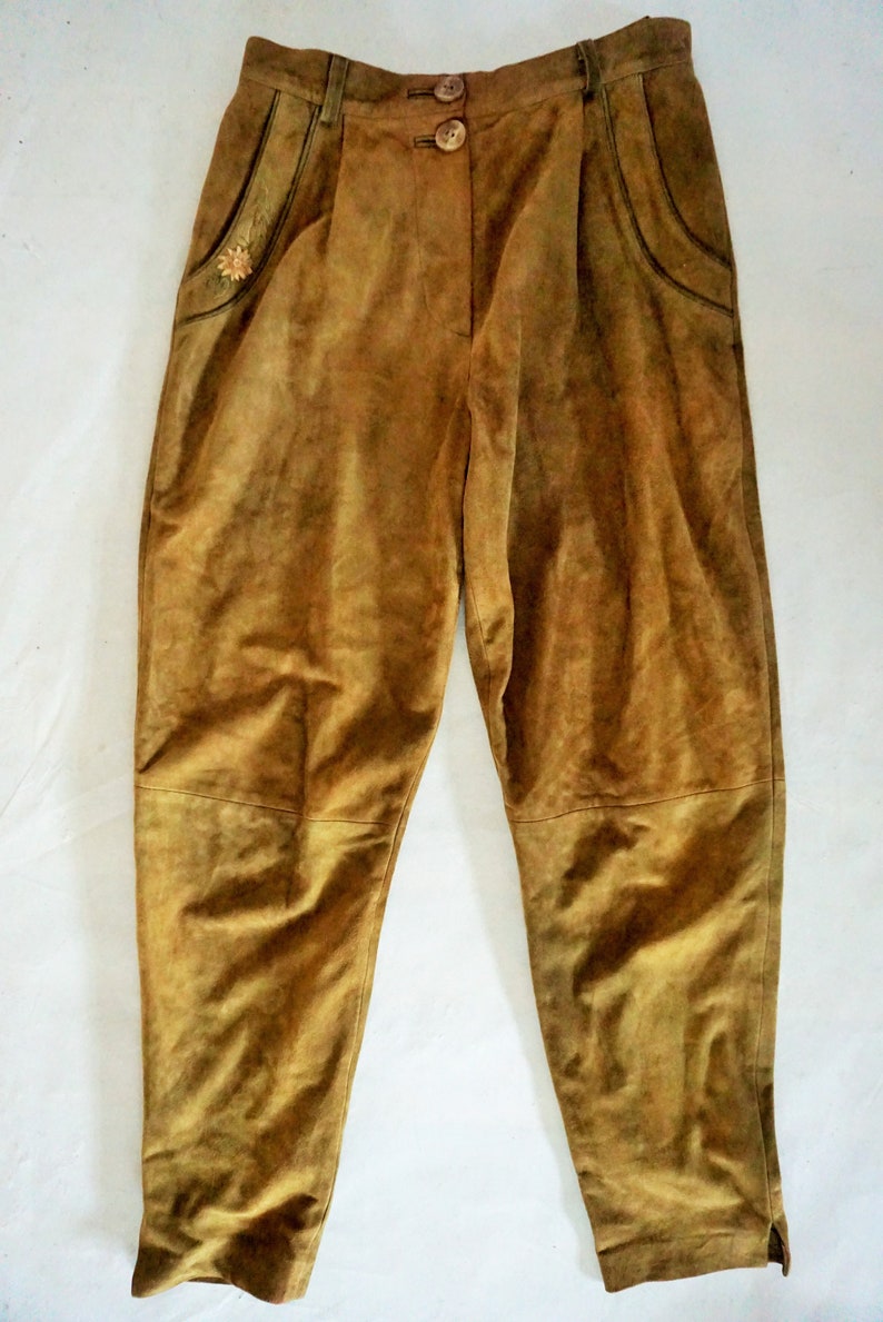 Vintage Womens Leather Pants High waist Brown Beige Trousers Boho Large L 40 Suede Rocker High Waisted