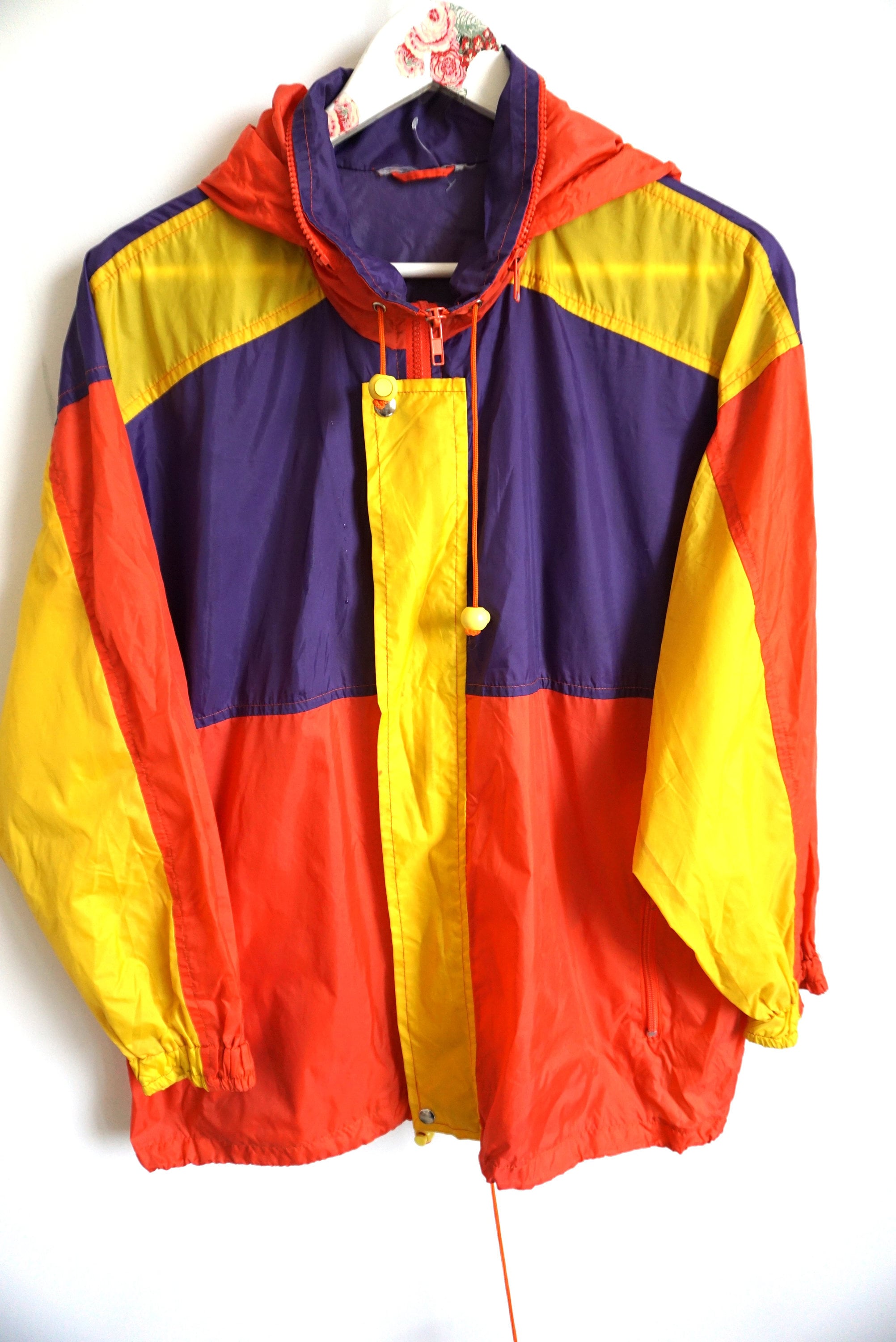 Vintage Color Block Raincoat: Orange, Yellow, Purple Windbreaker