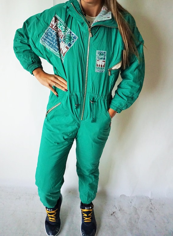 Vintage One Piece Skiing Suit / Ski Wear / Green /