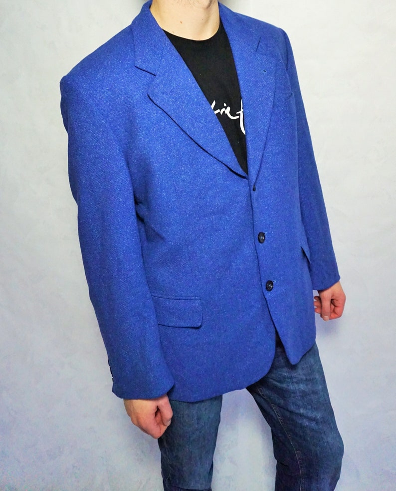 Vintage Mens Jacket Wool Smoking jacket Blazer Woolen Coat Suit Large L Evening WInter Outwear Blue