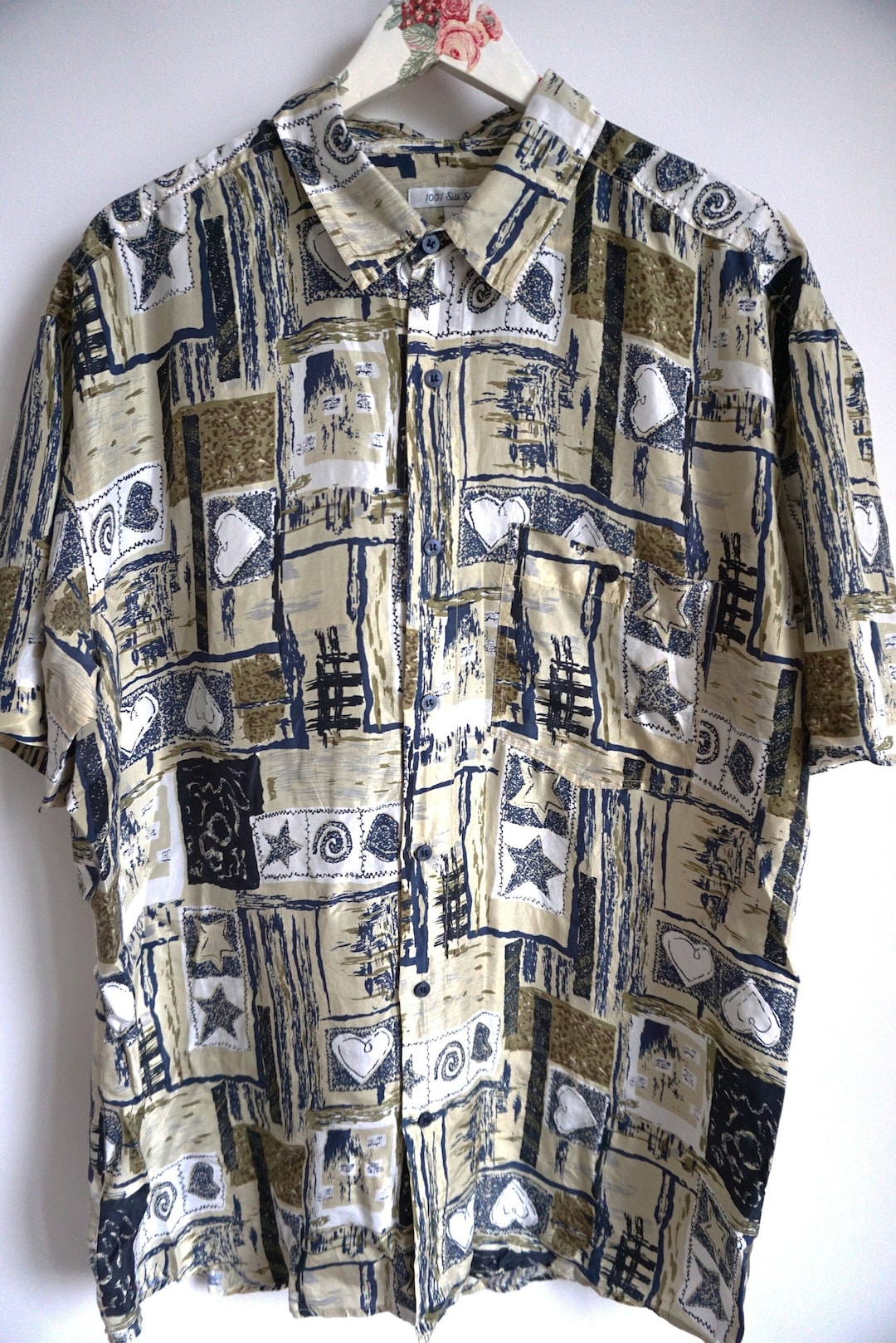 Vintage Green Pattern 100% Silk Shirt Men's main image 0