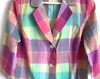 Vintage 90s Women's Blouse / Top / Blouses / Check / Jacket / Blazer / Classic Light / Summer / Large / L 40 Pastels