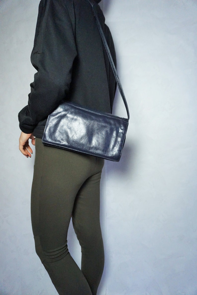 Vintage mini genuine leather Handbag Shoulder bag Black Small Hand bag Purse long bag Tote