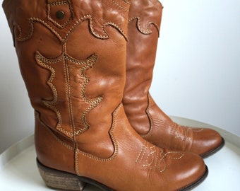 Vintage Braune Echtleder Western Cowboy Stiefel / EUR 38 / US 7 / UK 5 / Schuhe / Schuh / Country Damen / Cowgirl Booties / Kentucky