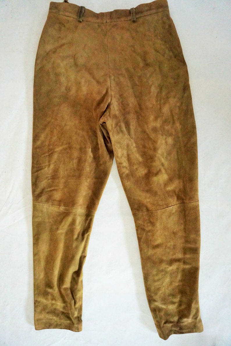 Vintage Womens Leather Pants High waist Brown Beige Trousers Boho Large L 40 Suede Rocker High Waisted