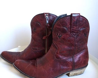 Botas vaqueras vintage rojas de cuero genuino estilo western / EUR 38 / US 7 / UK 5 / Zapatos / Calzado / Mujer campestre / Botines de vaquera / Kentucky