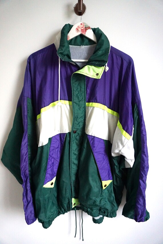Vintage Raincoat Rain coat Windbreaker Outwear Activewear Jacket Tracksuit Track Top Purple Shell Hood L Large Parka Purple