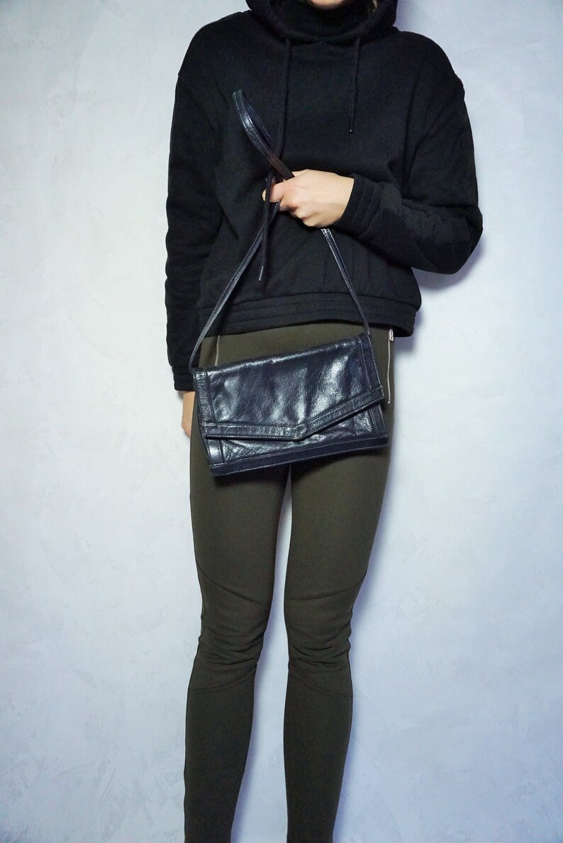 Vintage mini genuine leather Handbag Shoulder bag Black Small Hand bag Purse long bag Tote