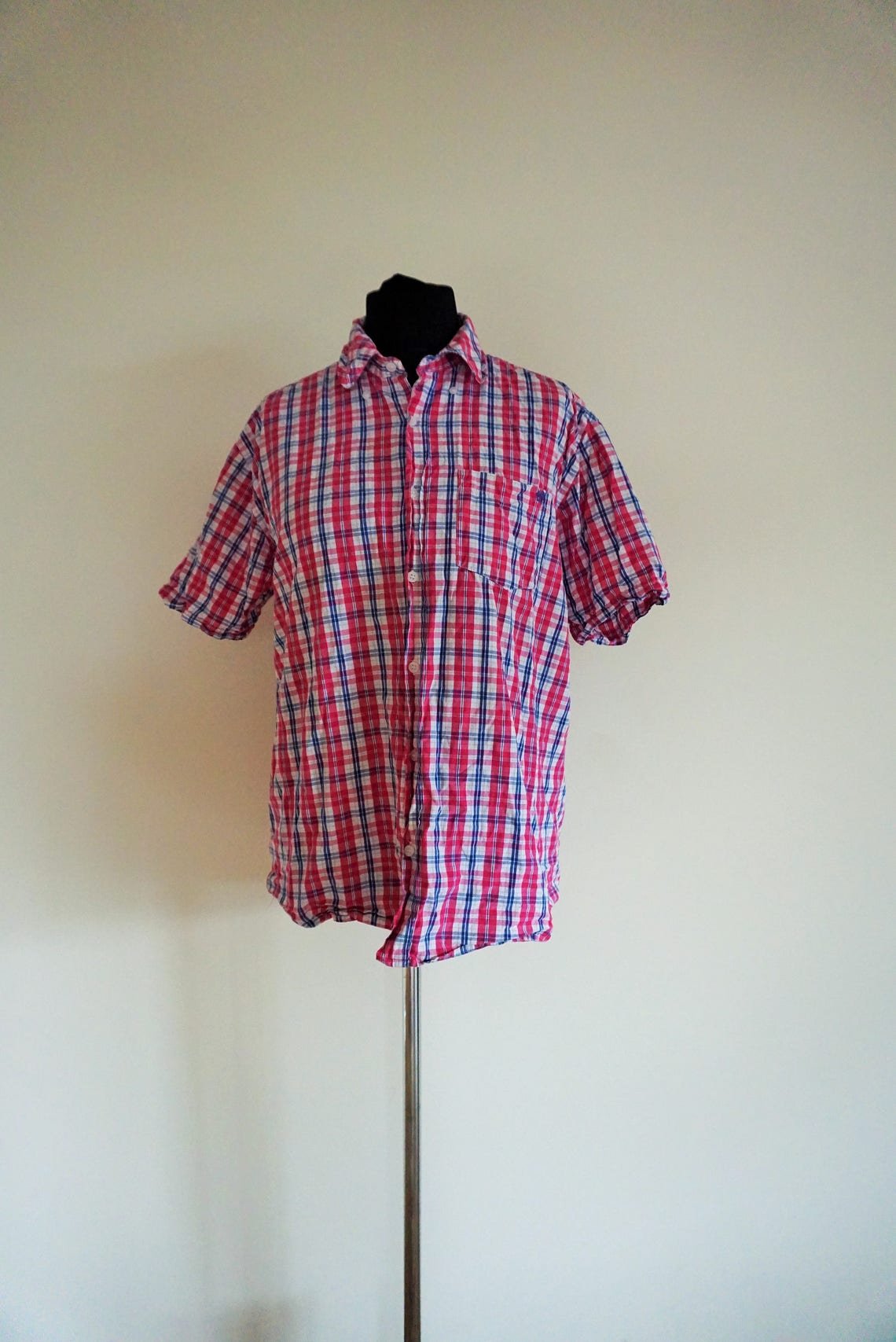 Vintage Mens Shirt / Buttons down / Check / Pink / Blue / Etsy