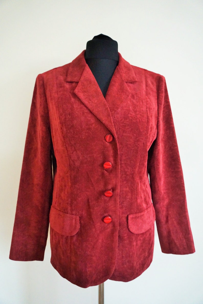 Vintage Womens Velvet Blazer Jacket Coat Outwear Maroon Red Burgundy Smoking Jacket Large L Padded shoulders