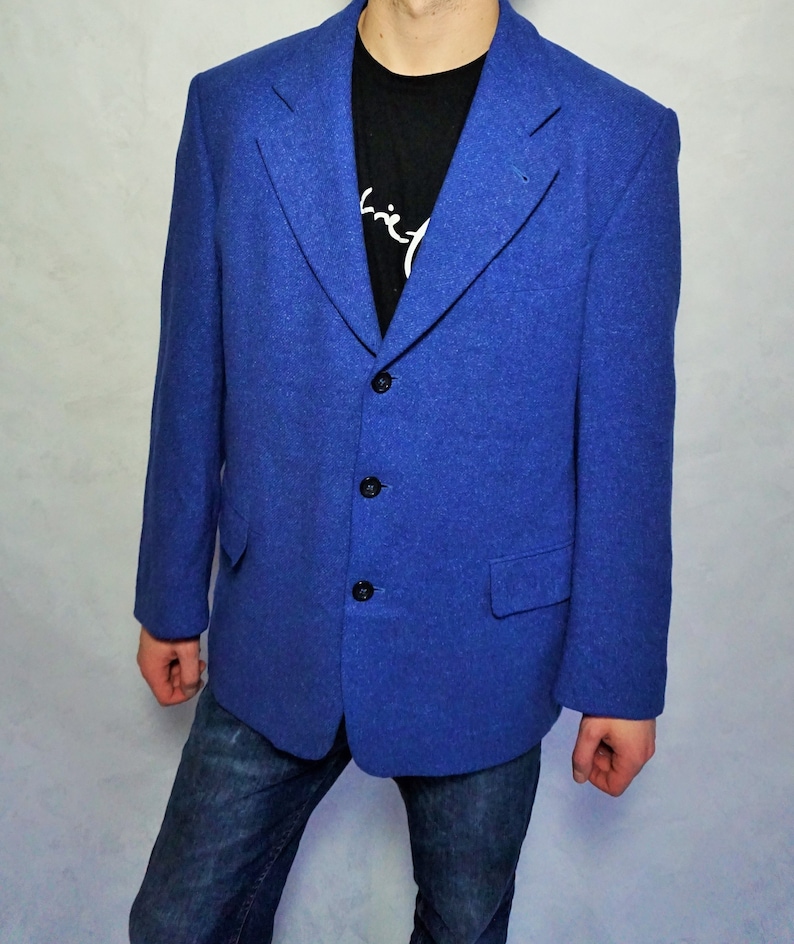 Vintage Mens Jacket Wool Smoking jacket Blazer Woolen Coat Suit Large L Evening WInter Outwear Blue
