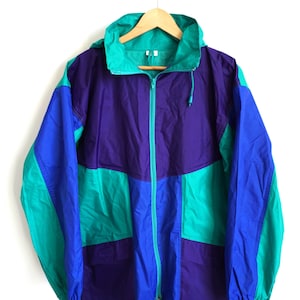Impermeable vintage azul, verde y morado: cortavientos con capucha - Talla pequeña