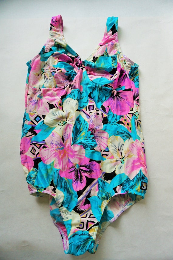 Vintage Real late 70s early 80s One-Piece Swimsuit sz S Made in GDR Bright Abstract Flower Vintage Swimwear