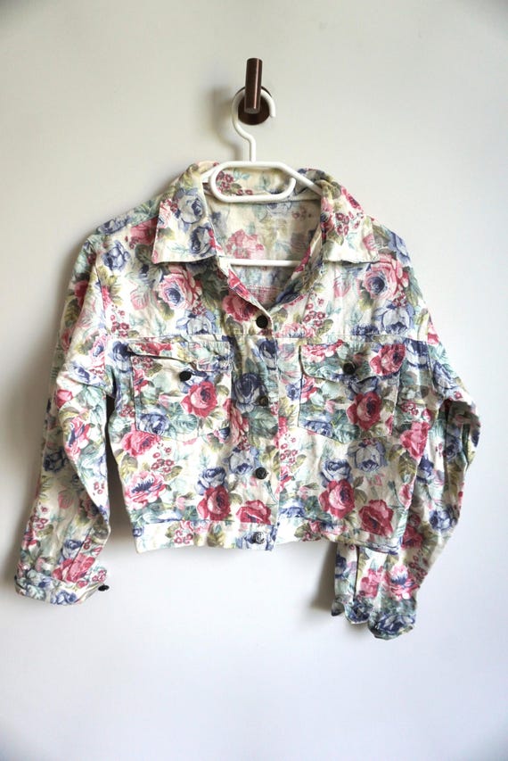 Vintage 90s Floral Light Denim Jacket: Women's Jean Blazer, Size S / M