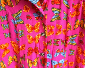 Vintage Summer Dress / Sarafan / Buttons down / Floral / Flowers / Dresses / M / Medium / Summer / Midi / Mini / Pink Butterfly Butterflies
