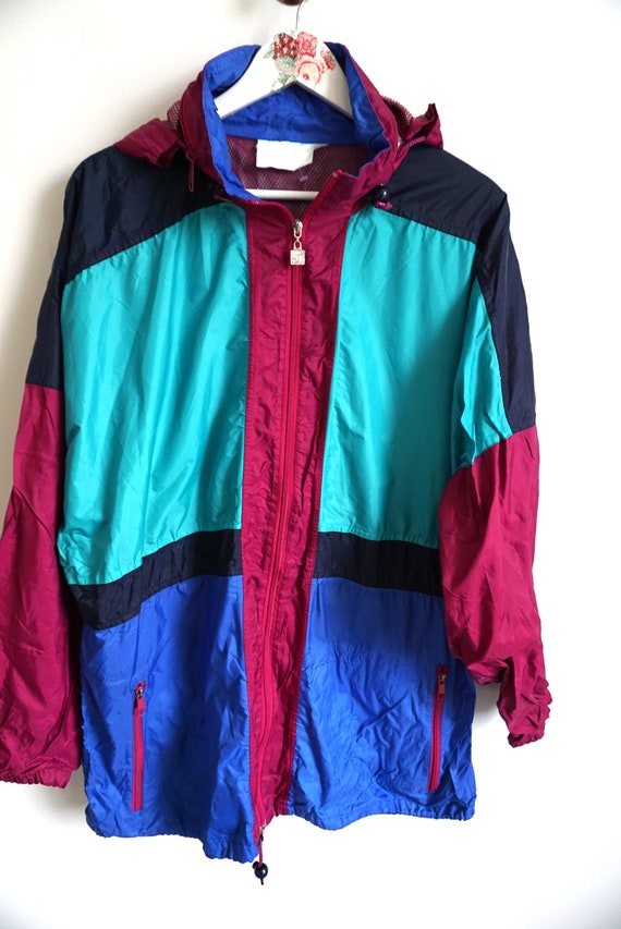 Vintage Color Block Raincoat: 90s Windbreaker Jacket, Size L
