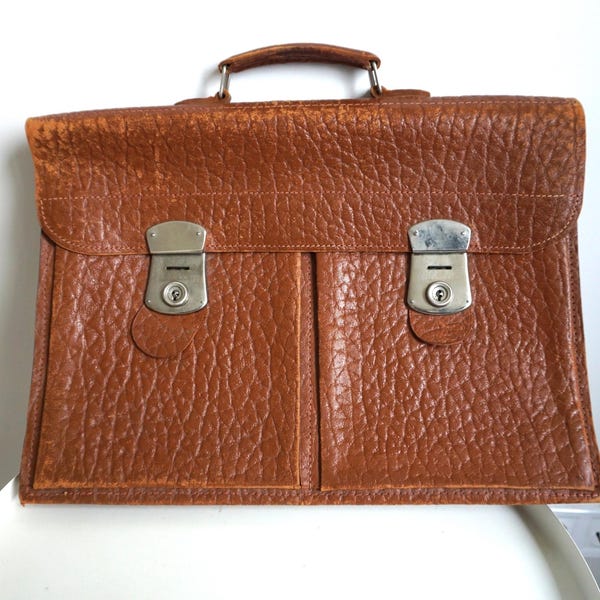 Vintage Brown Leather Briefcase Handbag - Portfolio Suitcase Brief case