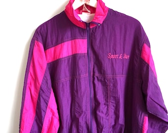 Vêtements de sport vintage des années 90 / veste de course / coupe-vent / haut de survêtement / grand / L / rose / vêtements d'extérieur / vêtements de sport violet parachute