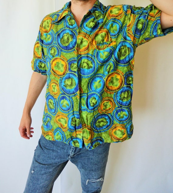 Vintage Mens Silk Shirt  Buttons down  Pure 100 /% Silk  Large  L  Hippie  Shirts  Hawaiian  Vacation  Hipster  Boho  Blue