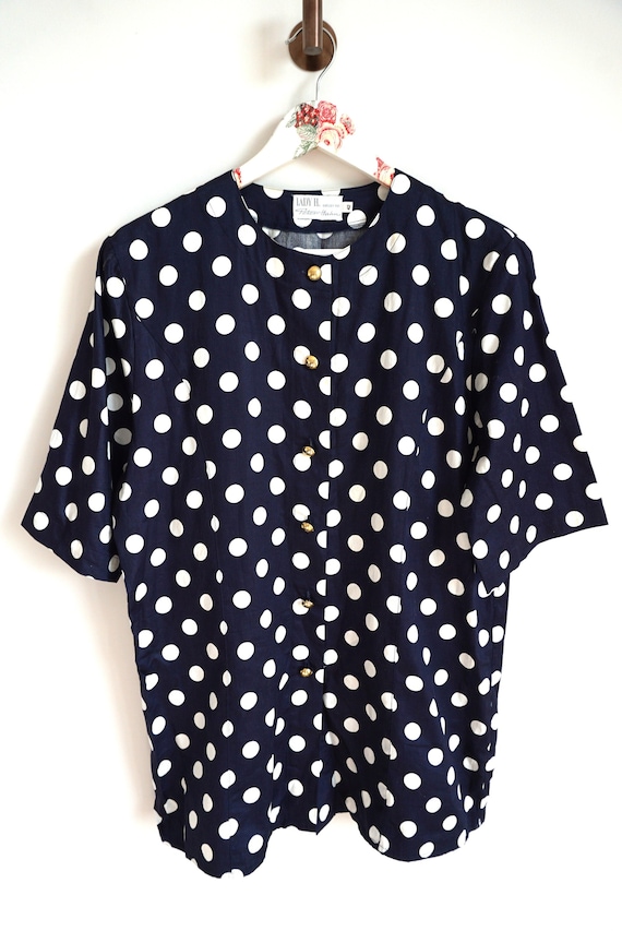 Vintage 90s Women's Blouse Top Shirt Polka Dots Sailor