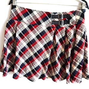 Vintage School Girl 90s Mini Skirts / Plated / Check / Red / Blue / L / Large / School / Mini Skirt