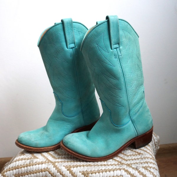 Vintage Green Genuine Leather Western Cowboy Boots / EUR 37 US 6 / UK 4 / Shoes Shoe Cowgirl Womens Country Kentucky Booties / Aqua Festival