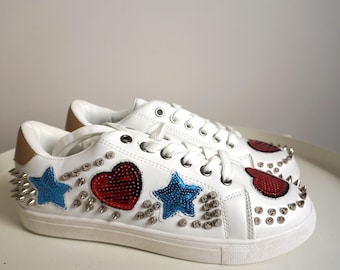 Vintage Studs & Glitter Sneakers, White Leather, Trainers Joggers (US 8 / UK 6.5 / EUR 40)