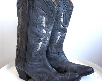 Botas vaqueras vintage de cuero negro: botines de vaquera estilo western, talla US 6.5