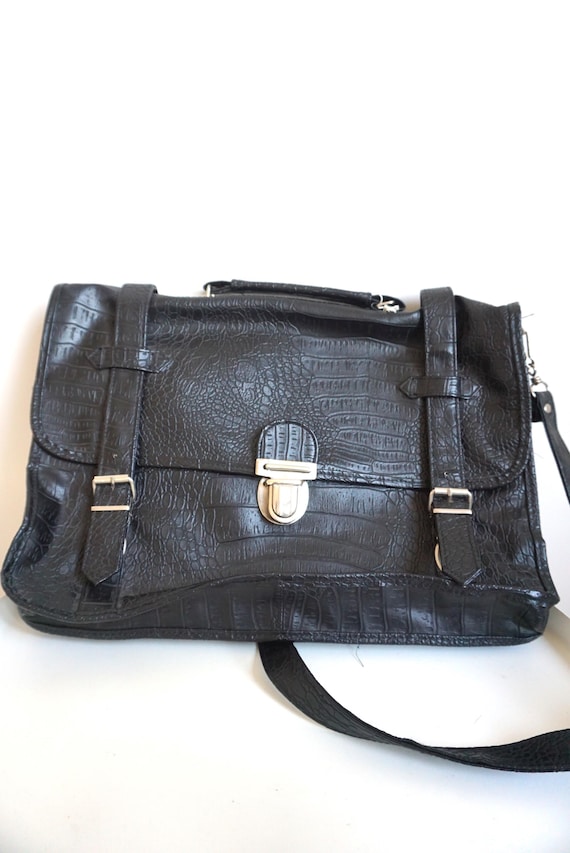 Vintage Black Genuine Leather Handbag – Embossed Crocodile Style Portfolio Bag