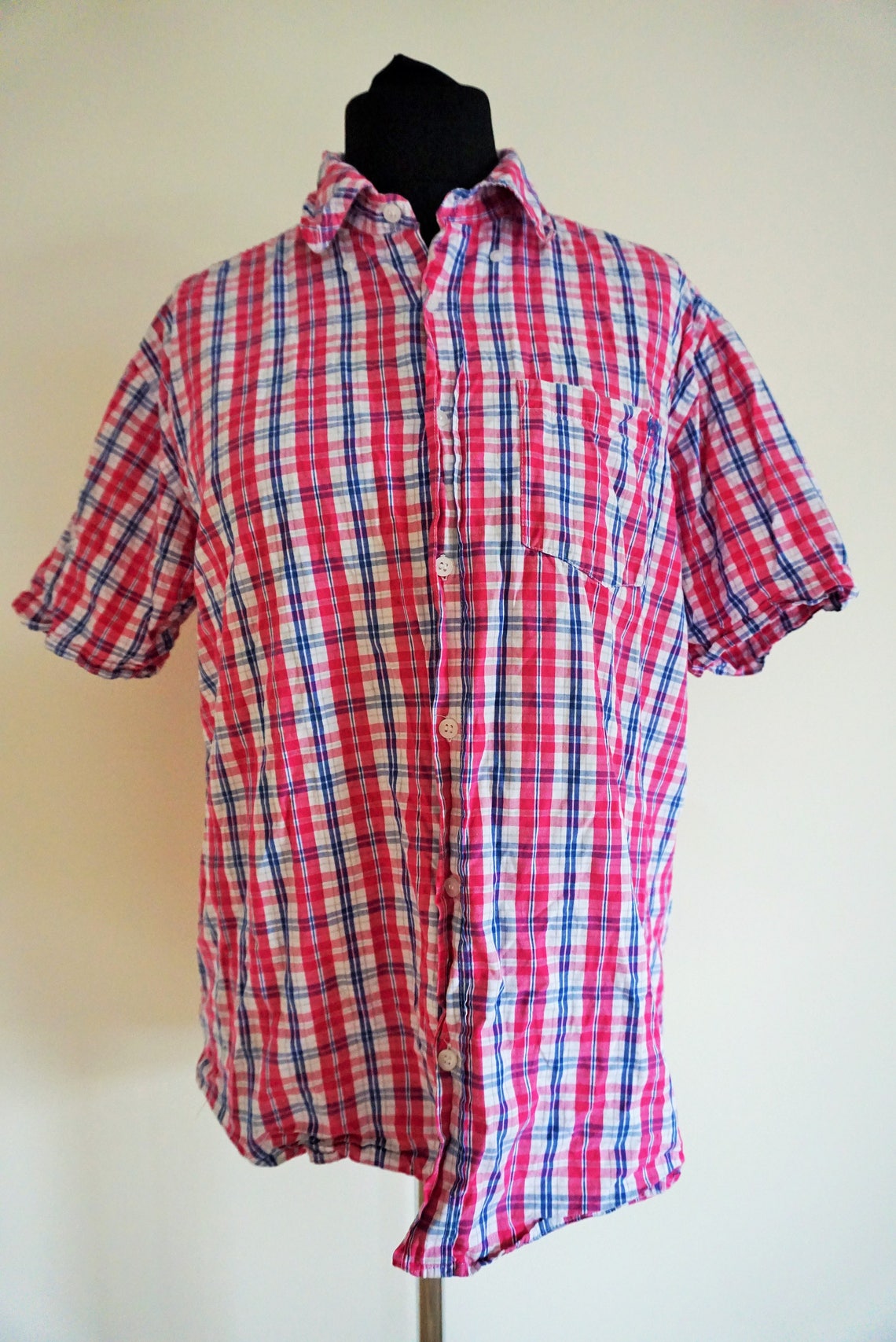 Vintage Mens Shirt / Buttons down / Check / Pink / Blue / Etsy