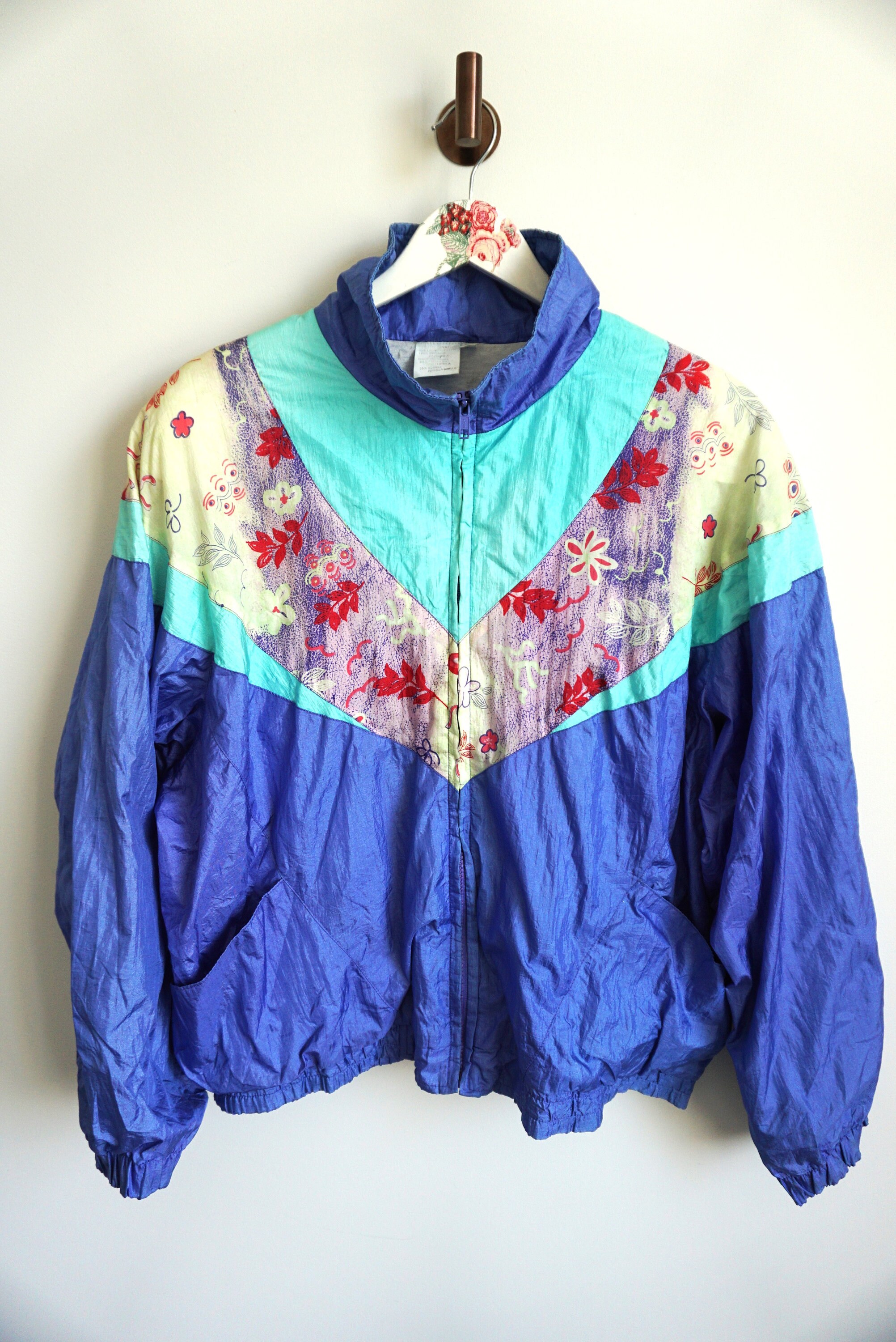 Vintage 90s Windbreaker Jacket / Floral Flowers / Blue