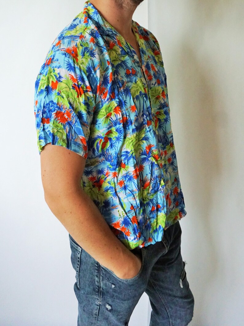 Vintage Hawaiian Mens Shirt Small S Vacation Hawaiian Shirts 90s Hippie Palms Sunset Flowers Short sleeve Hipster Boho
