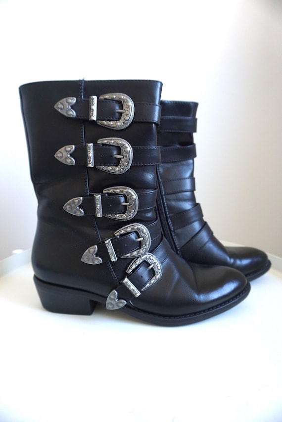 Vintage Black Faux Leather Cowboy Boots: Women's Western Cowgirl Booties - US 6.5 / EUR 37